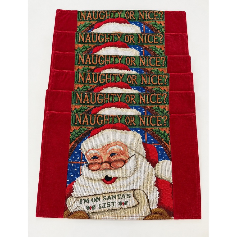 Set of 6 Christmas Santa Claus Naughty or Nice Tapestry Velvet Placemats Red